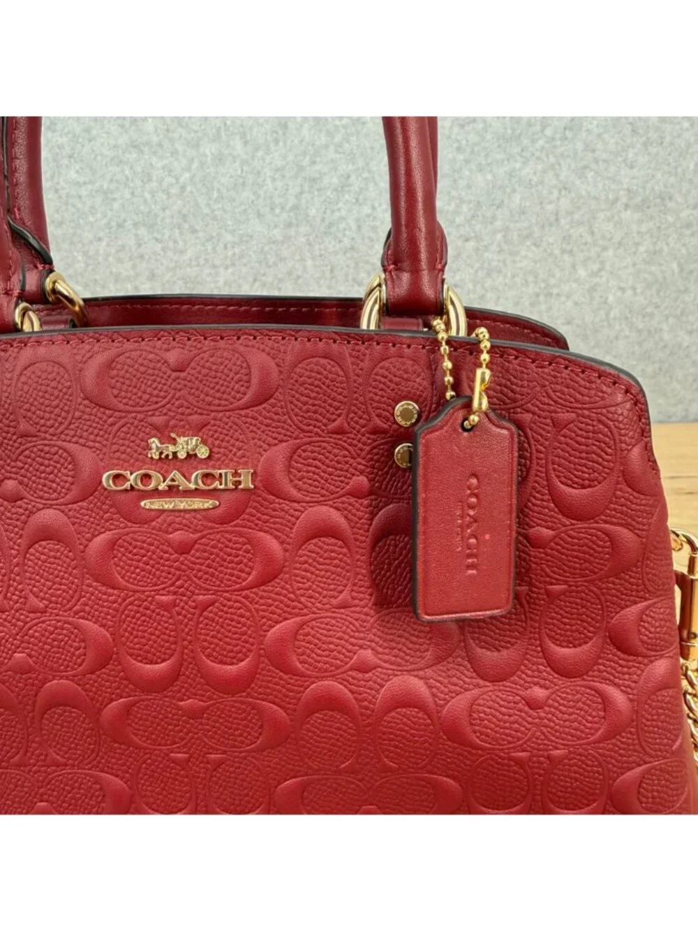 Coach Mini Lillie Carryall Satchel Bag Purse Cherry Red Embossed Leather C7278